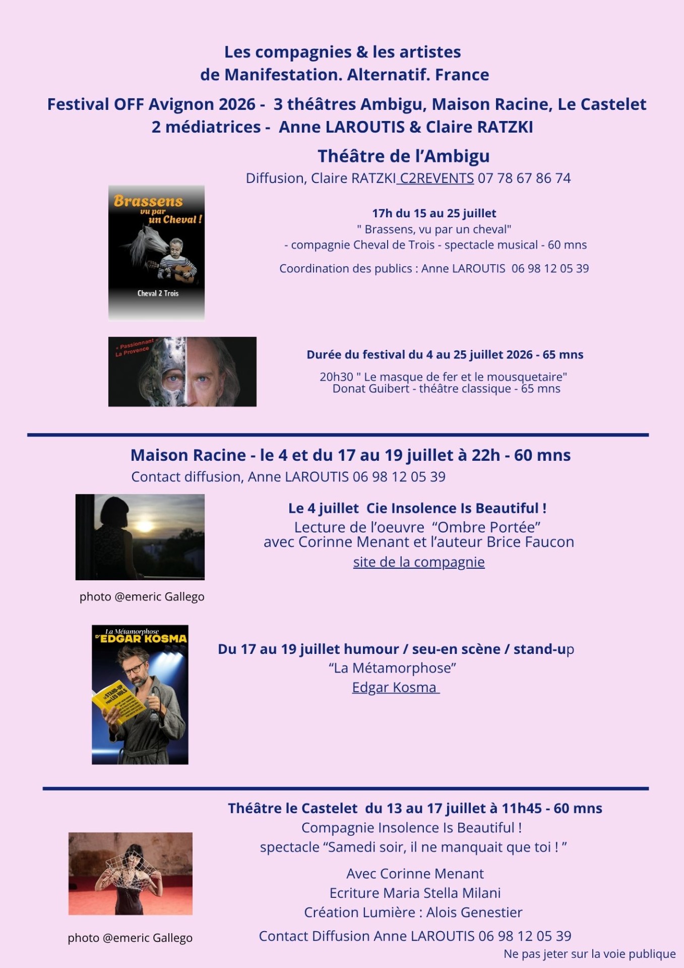 verso de notre tract d'été festival OFF Avignon distribué à 2000 exemplaires