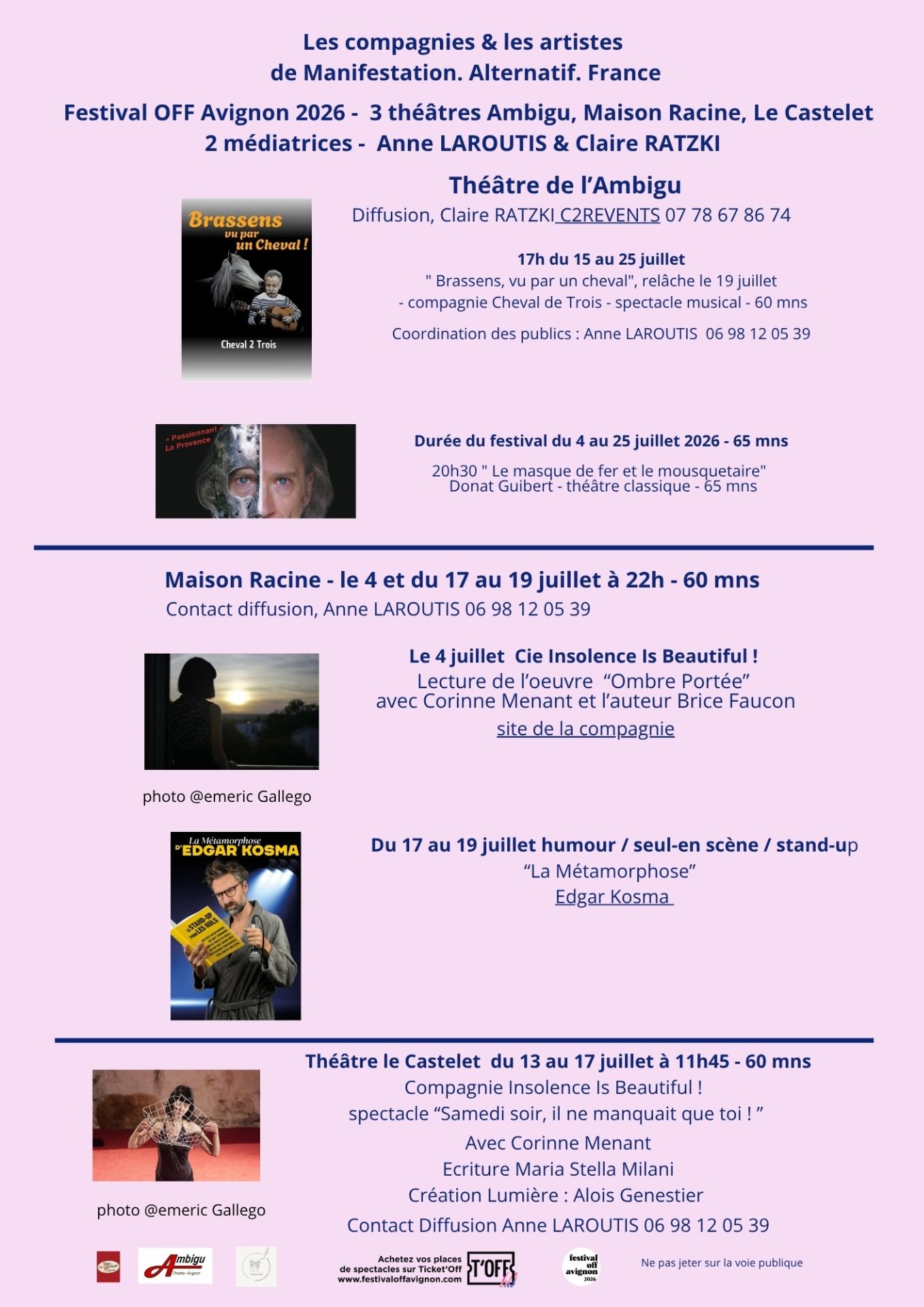 verso de notre tract d'été festival OFF Avignon distribué à 2000 exemplaires