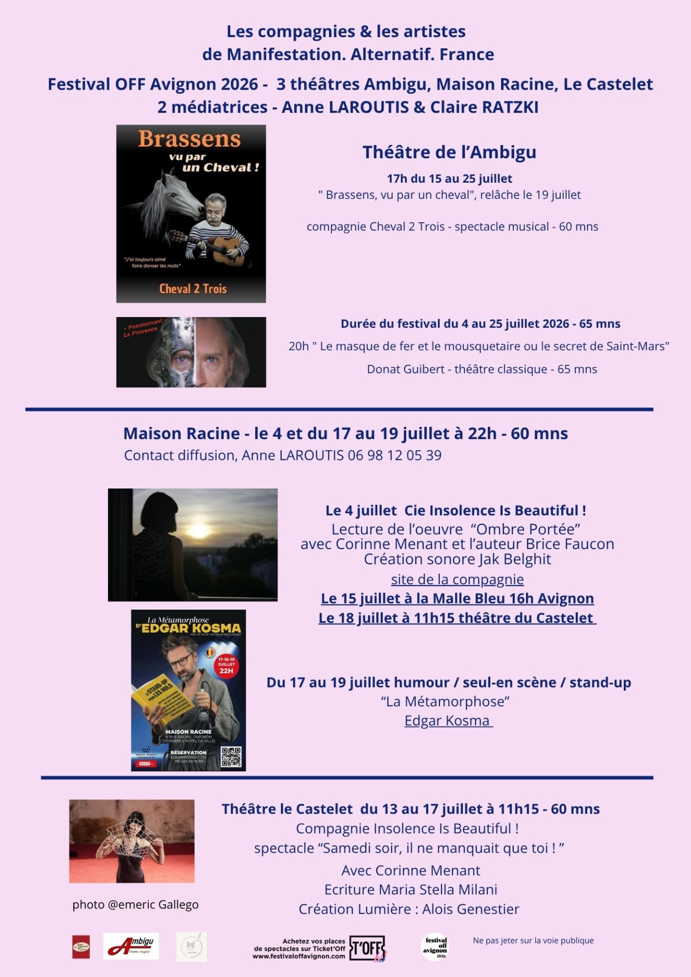 4 théâtres d'Avignon du 4 au 25 juillet Maison Racine, le Castelet, la Malle Bleu, l'Ambigu Théâtre